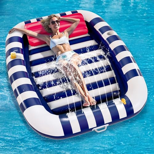 Pool Wave Inflatable Pool Lounger Floats W/Water Sprinkler, 80 x 66 Large Tanning Bed for Adult Kids, Outdoor Sun Bathing Floating Blow up Raft W/Pillow, Summer Beach Lake Family Party Gift - Blue