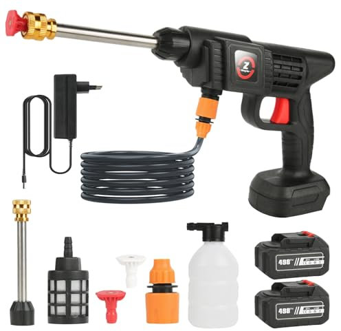 Nettoyeur Haute Pression sans Fil, 21V Max 50Bar Nettoyeur Haute Pression sur Batterie, Press & Clean avec Batteries, Pot à Mousse, Tuyau de 5 Mètres, pour Voiture, Gazon (avec 2 Batteries 6000mAh)