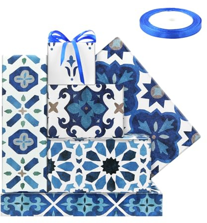 Moroccan Mosaic Ceramic Tile Wrapping Paper, 6 Designs White and Blue Morocco Geometric Motifs - Folded Flat Vintage Gift Wrap Papers with Ribbon Set for Eid ul-Fitr Festival Birthday Wedding Party