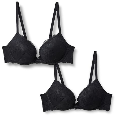 Amazon Essentials Women's Stretch Galloon Lace Push Up Wired Bra, Pack of 2, Black, 36A