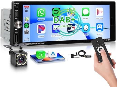 DAB+ bilradio 1 Din Carplay Android automatisk trådlös Bluetooth, 6,9 tum IPS pekskärm stereo med spegellänk handsfree Bluetooth FM typ-C USB EQ rattkontroll bakkamera mikrofon