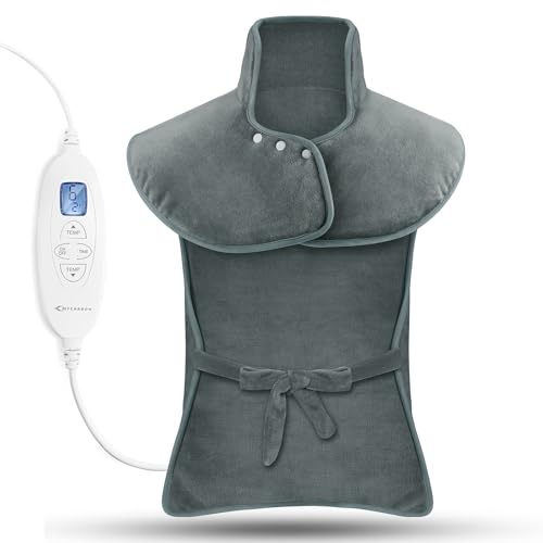 MYCARBON Coussin Chauffant Électrique pour Dos Épaules Nuque Coussin Chauffant Cervicales 60x100cm Arrêt Automatique 6 Températures 4 Timer avec Contrôleur Chauffage Rapide Lavable en Machine, Gris