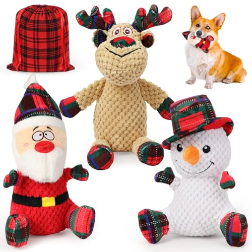 SZEE Lot de 3 Jouets de Noël pour Chien, Jouets Sonores pour Chiens Moyens/Grands, Jouets à Mâcher Interactifs et Indestructibles en Tissu Côtelé avec Broderies, Christmas Squeaky Dog Toys
