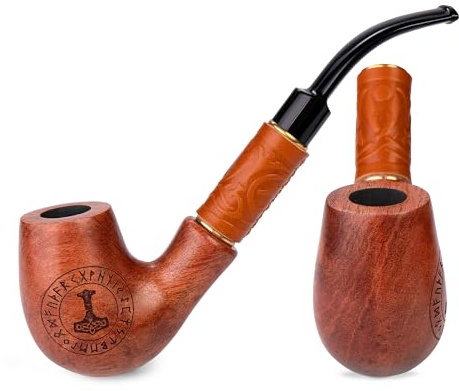 19 cm lång päronträ rökpipa | Churchwarden tobakspipa med Mjölner – Tors hammare-gravyr | För 9 mm filter | Sammetspåse ingår | Endast för tobaksanvändning
