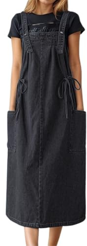 Vestido de peto vaquero para mujer, holgado, sin mangas, vestido de peto largo con tirantes y bolsillos, elegante, hasta la rodilla, falda vaquera, mono, con volante, vestido vaquero línea A, vestido