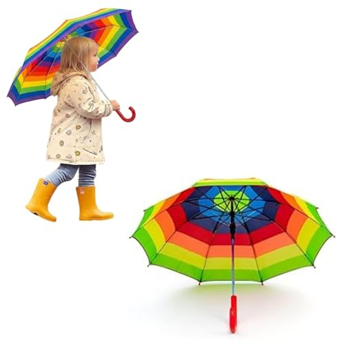 AOC24 Kids Rainbow Umbrella, Waterproof Rain Umbrellas, Strong Metal Tube Safe Canopy Tips, Polyester with Curved Handle, Easy to Use Toddler Umbrella Bright Colour Design for Girls Travel (1)