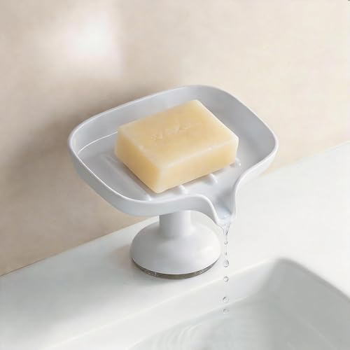 PAVSTINE Porta Saponetta con Drenaggio, Porta Sapone Potente Ventosa, Inclinato di 15 Gradi, Portasapone Materiale ABS, Portasaponetta per Bagno, Lavabo, Piano Di Lavoro Della Cucina, Bianco