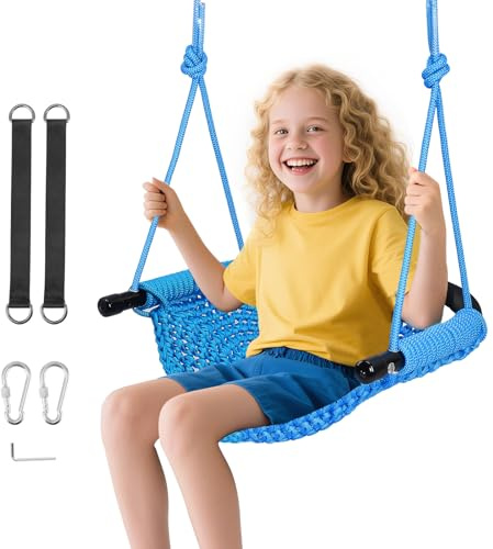 Adjustable Kids Swing Seat, Removable Guardrail, Adjustable Rope, Ergonomic U-Shaped Backrest, Comfortable & Breathable Woven Net, Steel Frame, 2-13 Years, 150 kg/330 lbs, Outdoor/Indoor