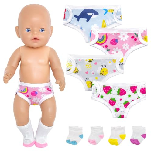 4 pañales para muñecas, 4 pares de calcetines para muñecas de 14 a 18 pulgadas, accesorios para muñecas con motivos de animales, reutilizables, ropa interior para muñecas de 35-43 cm, regalos para