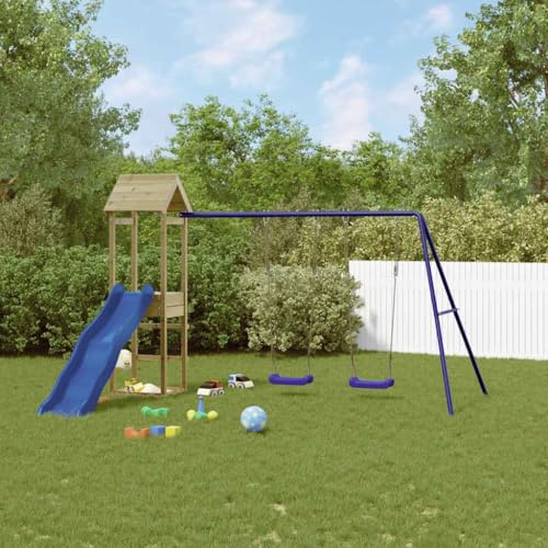 Runheo Torre de juegos de madera de pino impregnada con columpio doble, tobogán ondulado, arenero y pedestal para jardín, terraza y patio, parque infantil para niños a partir de 3 años, al aire libre