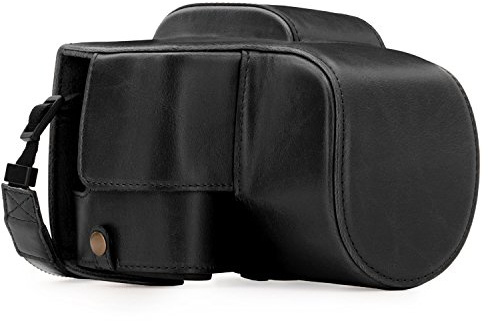 MegaGear Panasonic Lumix DC-FZ80, FZ82 Ever Ready Leder Kamera-Case mit Trageriemen und Batteriezugang schwarz MG1223