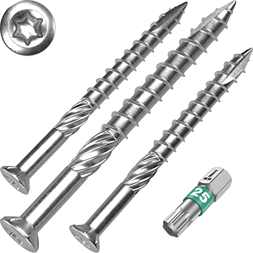 Terrassenschrauben 5 x 90 T-INOX - 400 Stück Edelstahl gehärtet C1, Torx 25 inkl. Edelstahl Bit - AISI 410 martensitisch