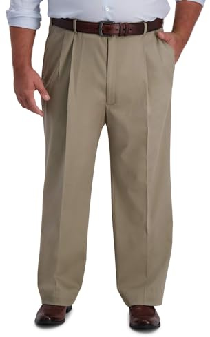 Haggar mens B&t Iron Free Premium Khaki Classic Fit Pleat Front Expandable Waist Casual Pants, Medium Khaki, 48W x 30L US