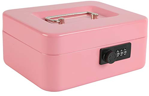 xydled Medium Steel Cash Box with Combination Lock, Removable Tray, Pink