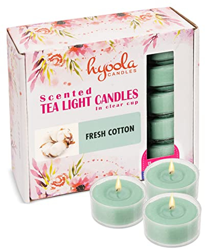 HYOOLA Scented Tealight Candles - Clear Cup - Fresh Cotton Tealight Candles Scented - 6 Hour Burn Time - 15 Pack - European Made