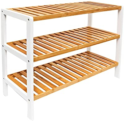 1ABOVE Bamboo Shoe Rack, Plant Rack, Perfect for Corridor, Living Room, Bathroom, Bedroom, Hallway or Small spaces-Parent. (Natural & White, 3 Tier)