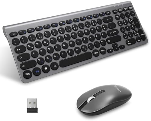 LeadsaiL, kabelloses Tastatur-Maus-Set, ergonomische Maus und Tastatur, kabellose PC-Tastatur und Maus, deutsches QWERTZ-Layout, leise Tastatur- und Maustasten, MacOS PC, Laptop, Grau