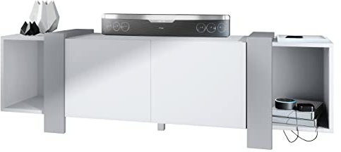 Vladon Lowboard Ida 149 x 45,5 x 34 cm TV-Board mit 4 Fächern und PTO-Türen, Made in Germany, Korpus in Weiß matt, Blenden in Hellgrau seidenmatt | Große Farbauswahl