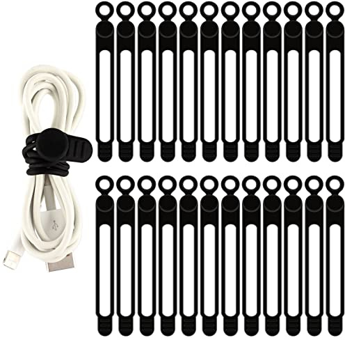 TamBee Cable Ties Reusable Silicone Cable Straps 24pcs Cable Wire Ties Cable Cord Organizers for Earphone Phone Charger Audio Cable Computer (24Pcs, Black)