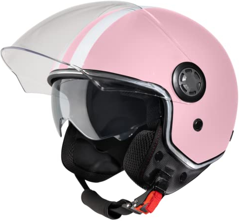 VINZ Parchi Jethelm mit Doppelvisier | Roller Helm Fashionhelm mit Streifen | In Gr. XS-XXL | Jet Helm mit Sonnenblende | ECE 22.06 Zertifiziert | Motorradhelm mit Visier - Rosa
