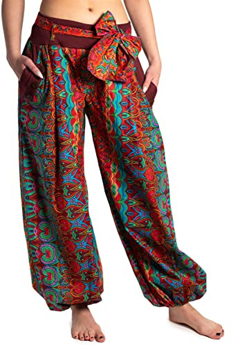 ufash Pantaloni harem in design italiano, con cintura in tessuto abbinata, 100% cotone, unisex, per uomini e donne, diversi design, rosso scuro, Taglia Unica