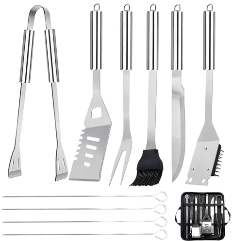 11-teiliges Grillbesteck-Set aus Edelstahl – Praktisches Grillzubehör-Set mit Tragbarer Tasche – Grill-Werkzeuge für Camping und Picknick im Freien
