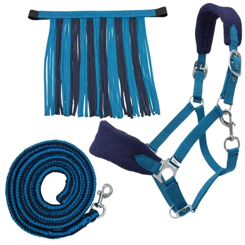 PFIFF 103103 Halfter-Set „Sunny“, 3-teiliges Set aus Halfter, Strick und Fliegenfransen, individuell anpassbar, Blau-Hellblau, Cob