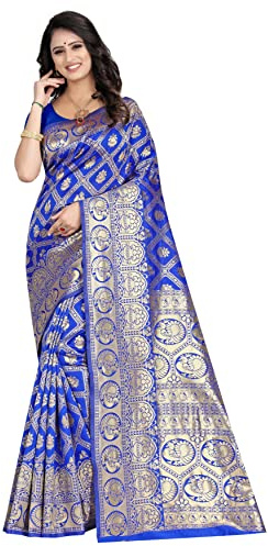 Sugathari Sari Banarasi en soie Kanjivaram pure pour femme Design 2023 Design Wear Pattu Sari dernières collections de sari de fête en coton avec chemisier pour mariage Sari (SAM SAN 9017), Bleu roi,