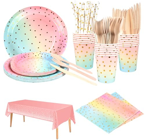 MEYDLL MEDYLL Party Tableware 161Pieces Paper Tableware Set Includes Paper Plates Napkins Cups Forks Spoons Straws for Birthday Engagement Wedding(20 Guests) (Pink-Blue-Golden, Count, 161)