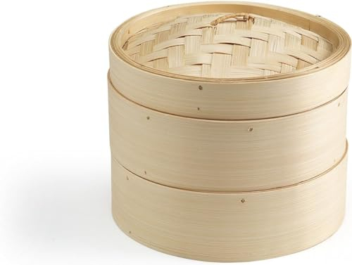 MantraRaj 2 Tier Bamboo Steamer Set 10 CM Two-Tier Food Steamer Basket Vegetable Steamer Bamboo Healthy Cooking for Vegetables, Dim Sum Dumplings, Buns, Chicken Fish And Meat