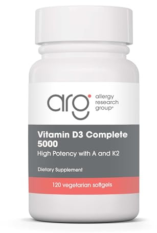 Allergy Research Group Vitamin D3 Complete 5000 - Delivers 125 mcg Vitamin D3 - with Vitamin A & K2 - Supports Bone Strength, Immune Balance & Healthy Mindset - 120 Servings - 120 Capsules