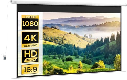 HOMCOM Beamer-Leinwand Elektrisch 266 x 149 cm 16:9 Projektionsleinwand mit Fernbedienung, Filmleinwand für Heimkino, Präsentation, Metall, Weiß