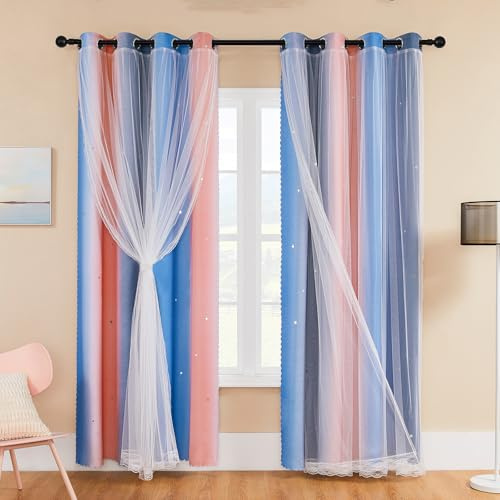 XiDi Curtains for Bedroom 84 Drop Double Layer Star Cutout Decoration Drapes with Voile for Adult Kids Room Sliding Glass Door Rainbow Curtain for Large Window 52 Inch Wide Pink Grey Blue,2Pcs