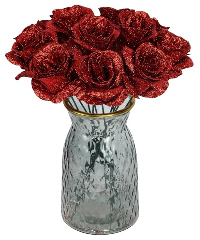 Rzoukler Glitter Roses,30PCS Fake Red Roses Glitter Flowers Bouquet Artificial Roses with Stems for DIY Crafts Wedding Bouquet Party Home Decor(Red)
