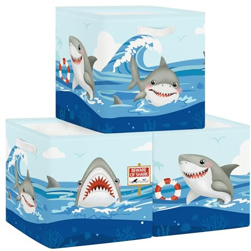 Clastyle Set di 3 Cubi Portaoggetti Ripiegabili Animali Oceano Kallax Contenitori Maniglia per Scaffale Scatole Portaoggetti Genitore per Libro Giochi,Squalo,30x30x30 cm