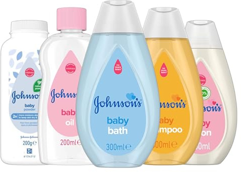 Johnson's Baby Care Bundle | Baby Powder 200g, Baby Oil 200ml, Baby Bath 300ml, Baby Shampoo 300ml & Baby Lotion 300ml | Gentle & Mild for Delicate Skin | 5 Pack