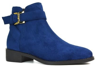ESSEX GLAM Women's Ankle Boots Ladies Flat Low Heel Navy Faux Suede Zip Buckle Deco Biker Chelsea Booties Shoe Size 5