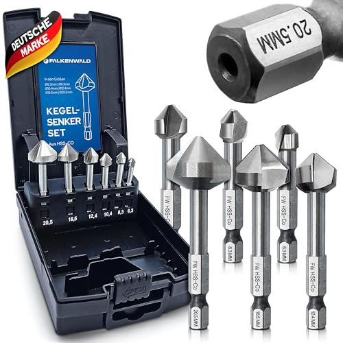 Falkenwald Kegelsenker Set aus HSS-CO Stahl [6-teilig inkl. Aufbewahrungsbox] - Senkbohrer Holz Ø 6,3-20,5 mm - Senker Holz - Senker Metall Kegelsenker Metall
