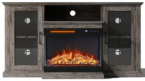 Warmiehomy Electric Fire Insert TV Stand, 59 TV Unit with Fireplace Built in, 12 Flame Effect Support, 24 3D Fireplace, Remote Control & Overheat Protection, Wooden Grey