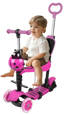 Patinete infantil 5 en 1 para niños a partir de 2 años hasta 50 kg, con asiento plegable y ruedas LED, altura regulable, plegable, triciclo para niños pequeños, niñas (rosa (5 en 1))