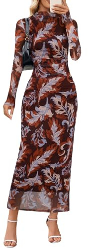 MEROKEETY Women Fall Long Sleeve Wedding Guest Maxi Dress, BrownBlue, S
