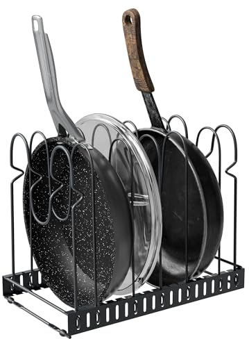 Amig - Organizador para Sartenes - 6 Compartimentos Ajustables - Acero Negro - Almacenamiento de Cocina para Tapas de Ollas y Sartenes - Medidas: 20 x 24 x 30 cm