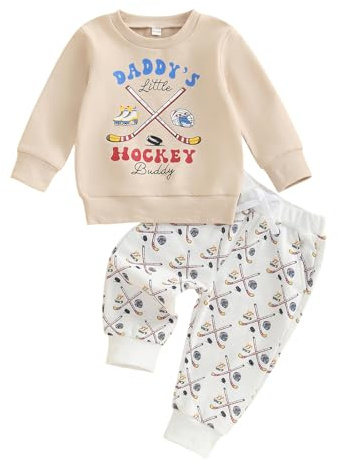 Toddler Baby Boy Hockey Outfit Letter Print Long Sleeve Pullover Sweatshirt Sweatpants Set Newborn Fall Winter Clothes (Dark Khaki, 3-4T)