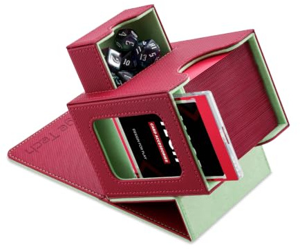 Mage Tech Scatola porta carte per MTG Commander, design brevettato, display Commander, adatta a 100 carte a doppia manica, mattoncini e vassoio per dadi da 35 punti, rosso/verde