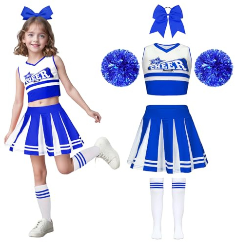 Wuzfully Costume de pom pom girl avec pompons et bandeau pour cheveux Uniforme de pom pom girl Carnaval Anniversaire Halloween Cosplay Fêtes, 3-15 ans