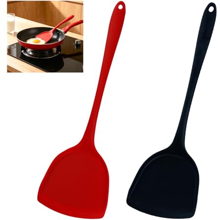 BMZXCH 2 Pezzi 32 cm Set di Spatole in Siliconeper Silicone Wok per Pentole Antiaderenti Resistente al Calore, Paletta Cucina Silicone, Senza BPA Spatola per Cucinare Cuocere Girare (Rosso, Nero)
