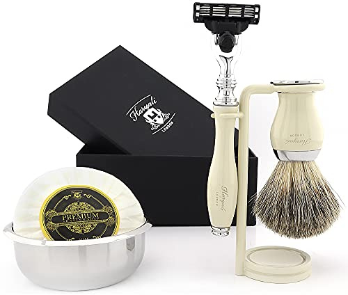 Haryali London 5pc Mens Shaving Kit 3 Edge Razor, Black Badger Hair Brush, Stand, Soap and Shaving Bowl Perfect Set For Men