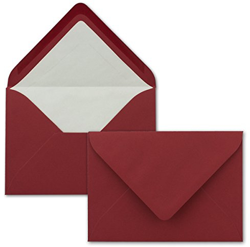 50 Briefumschläge in Dunkel-Rot mit weißem Innenfutter - Kuverts in DIN B6 Format - 12,5 x 17,6 cm - Seidenfutter - Nassklebung