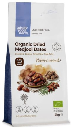 Wholefood Earth Organic Dried Medjoul/Medjool Dates – 2 kg | Raw | GMO Free | Vegan | High Fibre | Certified Organic