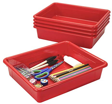 Storex Letter Size Flat Storage Tray – Organizer Bin for Classroom, Office and Home, Red, 5-Pack (62518U05C) , 10 x 13 x 3 Inches